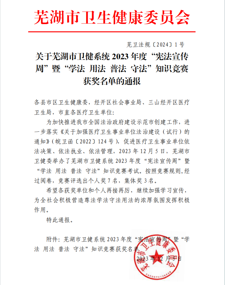 【喜報】集體一等獎！蕪湖市中醫(yī)醫(yī)院在憲法知識競賽中摘得桂冠(圖1)