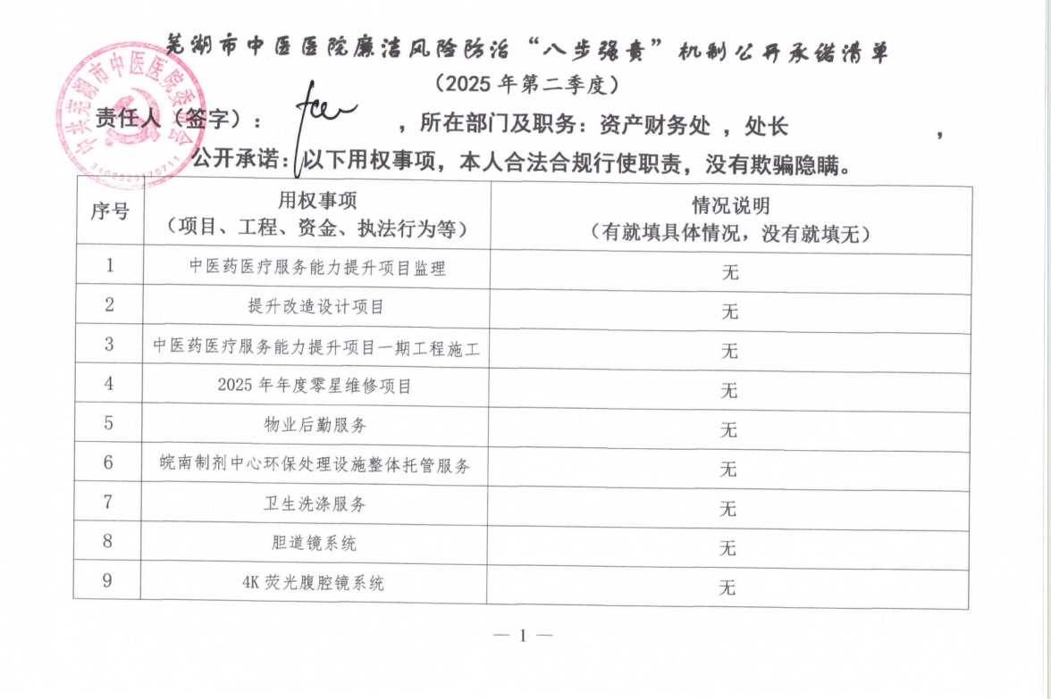 蕪湖市中醫(yī)醫(yī)院廉潔風(fēng)險(xiǎn)防治“八步強(qiáng)責(zé)”機(jī)制公開(kāi)承諾清單（科室負(fù)責(zé)同志）(圖1)